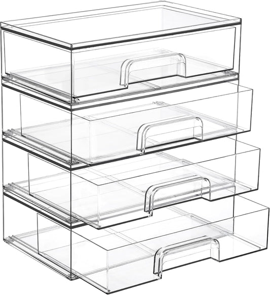 Vtopmart Clear Stackable Storage Drawers, 4 Pack Wide Plastic Organizers
