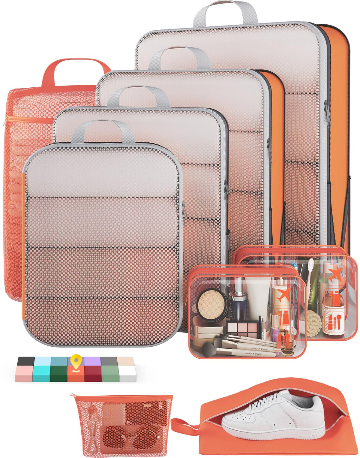 Veken 9/11 Set Compression Packing Cubes for Cruise Travel Essentials,Compressible Expandable Luggage Suitcase Organizer Bags for Clothing,Space Saver Bags with Over 1000 pcs of Mesh Holes(Beige)