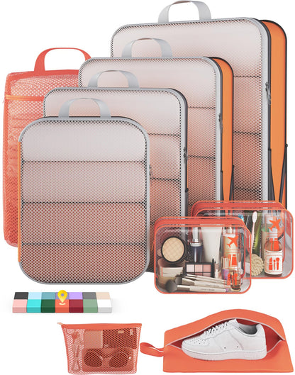 Veken 9/11 Set Compression Packing Cubes for Cruise Travel Essentials,Compressible Expandable Luggage Suitcase Organizer Bags for Clothing,Space Saver Bags with Over 1000 pcs of Mesh Holes(Beige)