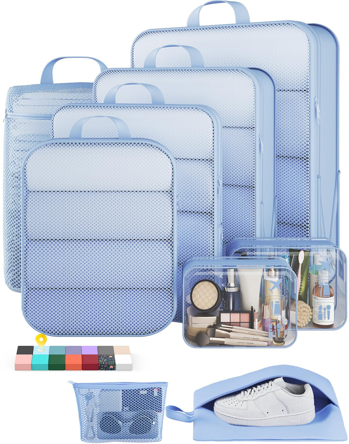 Veken 9/11 Set Compression Packing Cubes for Cruise Travel Essentials,Compressible Expandable Luggage Suitcase Organizer Bags for Clothing,Space Saver Bags with Over 1000 pcs of Mesh Holes(Beige)