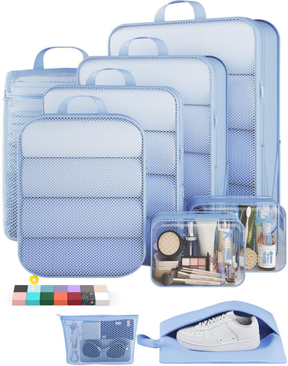Veken 9/11 Set Compression Packing Cubes for Cruise Travel Essentials,Compressible Expandable Luggage Suitcase Organizer Bags for Clothing,Space Saver Bags with Over 1000 pcs of Mesh Holes(Beige)