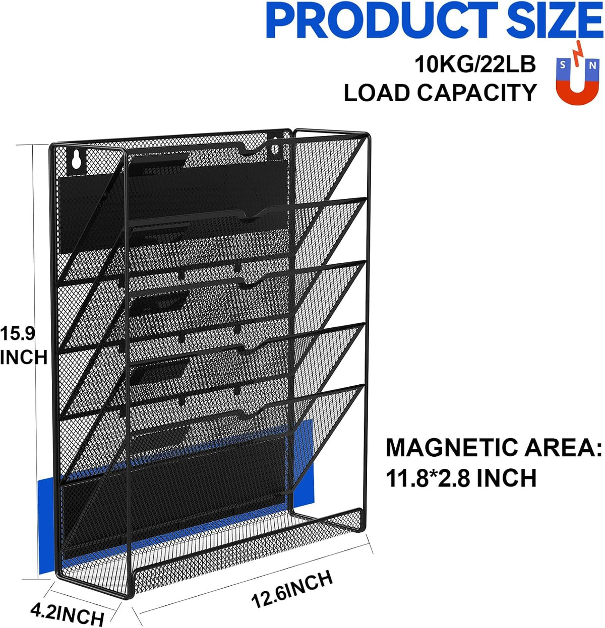 6-Tier Magnetic File Holder, No Drilling Installation File Cabinet Organizer,Black Magnetic File Holders, Magnetic Paper Holder for Refrigerator,File Cabinets, Whiteboard