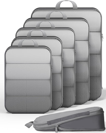 Veken 9/11 Set Compression Packing Cubes for Cruise Travel Essentials,Compressible Expandable Luggage Suitcase Organizer Bags for Clothing,Space Saver Bags with Over 1000 pcs of Mesh Holes(Beige)