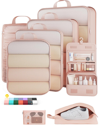 Veken 9/11 Set Compression Packing Cubes for Cruise Travel Essentials,Compressible Expandable Luggage Suitcase Organizer Bags for Clothing,Space Saver Bags with Over 1000 pcs of Mesh Holes(Beige)