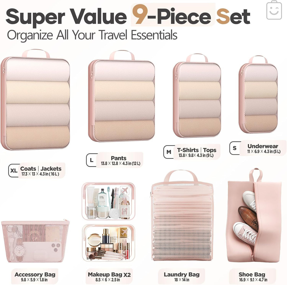 Veken 9/11 Set Compression Packing Cubes for Cruise Travel Essentials,Compressible Expandable Luggage Suitcase Organizer Bags for Clothing,Space Saver Bags with Over 1000 pcs of Mesh Holes(Beige)