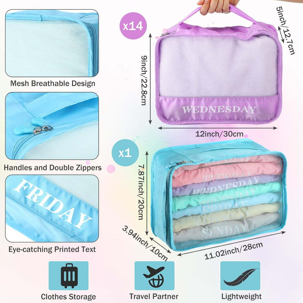 15 Pcs Day of Week Packing Cubes Travel Kids, 12x9x5inch, Macaron