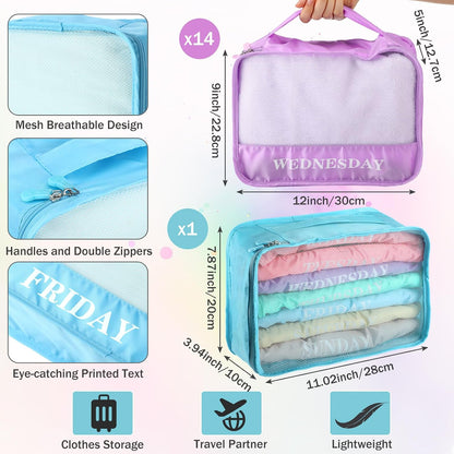 15 Pcs Day of Week Packing Cubes Travel Kids, 12x9x5inch, Macaron
