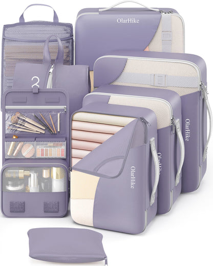 10 Set Packing Cubes for Travel, Gifts for Women Mom,Anti-Tearing Suitcase Organizer for Luggage with Shoe & Hanging Toiletry Bag,OlarHike Vacation Essentials & Accessories for Cruise Ship