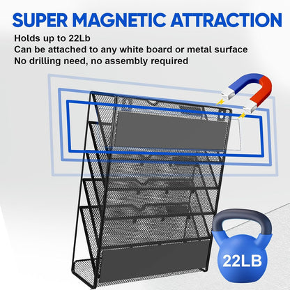6-Tier Magnetic File Holder, No Drilling Installation File Cabinet Organizer,Black Magnetic File Holders, Magnetic Paper Holder for Refrigerator,File Cabinets, Whiteboard