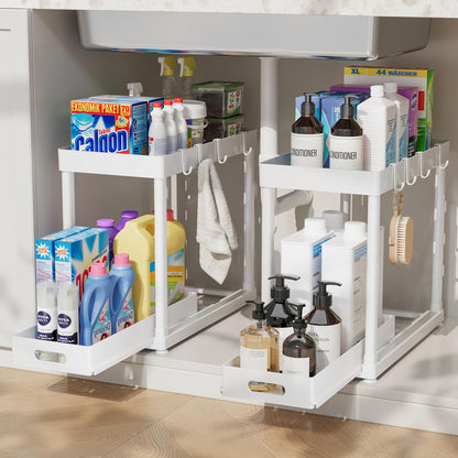 2PC Under Sink Organizer Rack 2 Tier Under Sliding Cabinet Basket Organizer Drawer with 4 Hooks, Multi-purpose Under Sink Storage for Bathroom Kitchen Desktop（Grey）