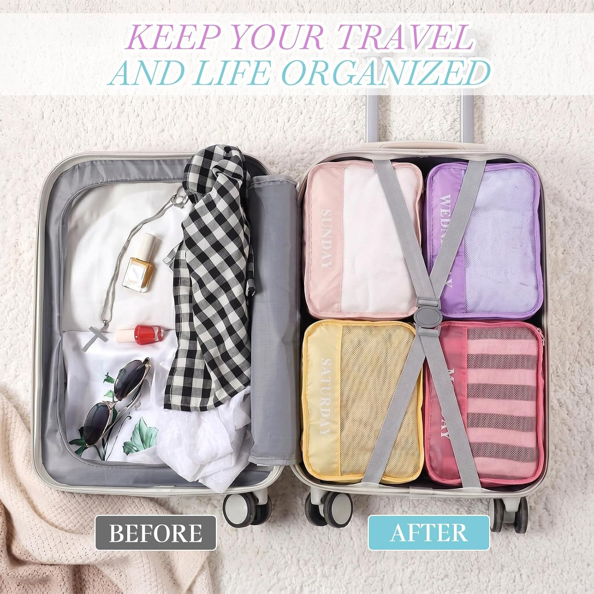 15 Pcs Day of Week Packing Cubes Travel Kids, 12x9x5inch, Macaron