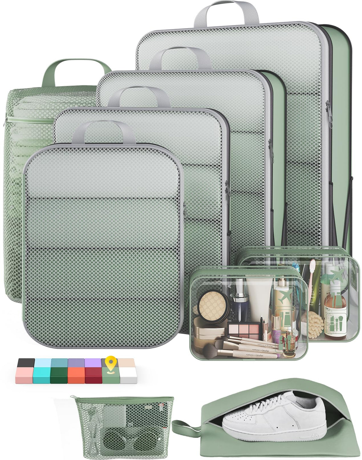 Veken 9/11 Set Compression Packing Cubes for Cruise Travel Essentials,Compressible Expandable Luggage Suitcase Organizer Bags for Clothing,Space Saver Bags with Over 1000 pcs of Mesh Holes(Beige)