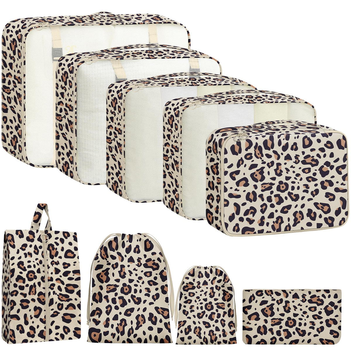 9 Set Packing Cubes for Travel Essentials - Lightweight Carry-On Luggage Organizer Bags with Shoe, Clothes & Laundry Bags for Airplane, Family & Business Travel, Pink leopard print