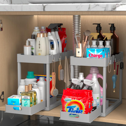 2PC Under Sink Organizer Rack 2 Tier Under Sliding Cabinet Basket Organizer Drawer with 4 Hooks, Multi-purpose Under Sink Storage for Bathroom Kitchen Desktop（Grey）