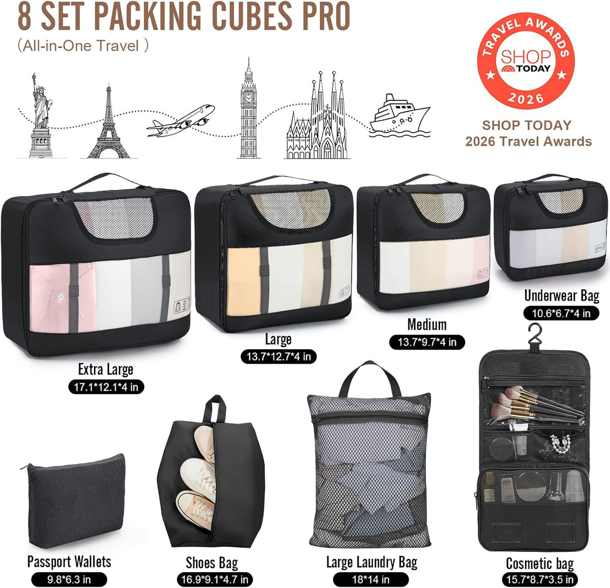 Veken 10 Set/8 Set Packing Cubes for Travel Essentials,Anti-Wrinkle Buckled Suitcase Organizer for Shoe & Toiletry Bag,Carry On Luggage Bag for Airplane & College Dorm Room Accessories,Women Men Gifts