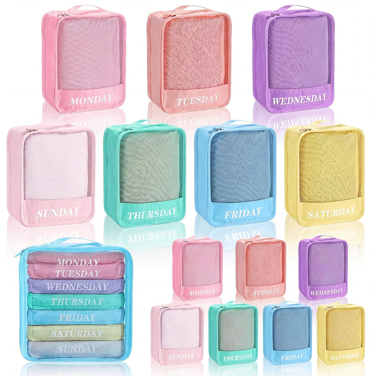 15 Pcs Day of Week Packing Cubes Travel Kids, 12x9x5inch, Macaron