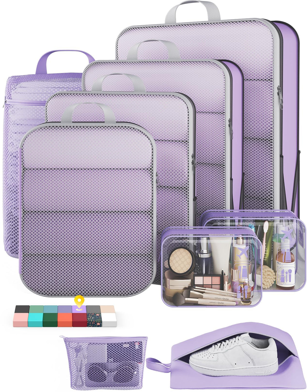 Veken 9/11 Set Compression Packing Cubes for Cruise Travel Essentials,Compressible Expandable Luggage Suitcase Organizer Bags for Clothing,Space Saver Bags with Over 1000 pcs of Mesh Holes(Beige)