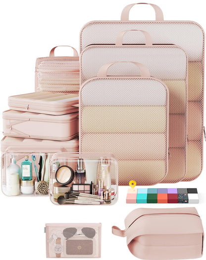 Veken 9/11 Set Compression Packing Cubes for Cruise Travel Essentials,Compressible Expandable Luggage Suitcase Organizer Bags for Clothing,Space Saver Bags with Over 1000 pcs of Mesh Holes(Beige)