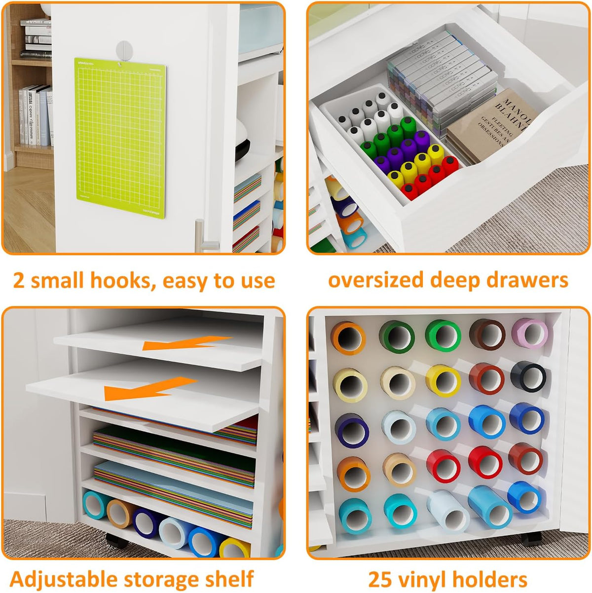 Craft Cart Cabinet Compatible with Cricut for Storage Organization, Rolling Craft Cabinet Table Stand Workstation with Vinyl Roll Holder with Wheels for Craft Room Organizer 31.6"W x 15.8"D x 33.7"H