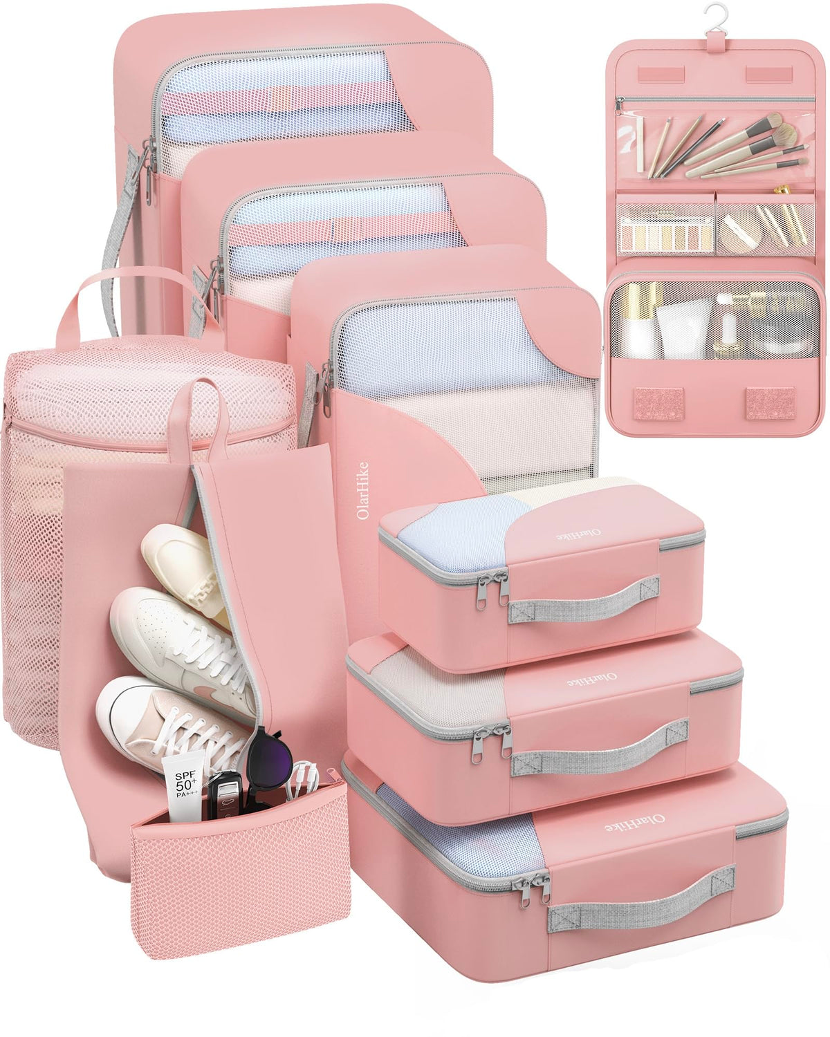 10 Set Packing Cubes for Travel, Gifts for Women Mom,Anti-Tearing Suitcase Organizer for Luggage with Shoe & Hanging Toiletry Bag,OlarHike Vacation Essentials & Accessories for Cruise Ship