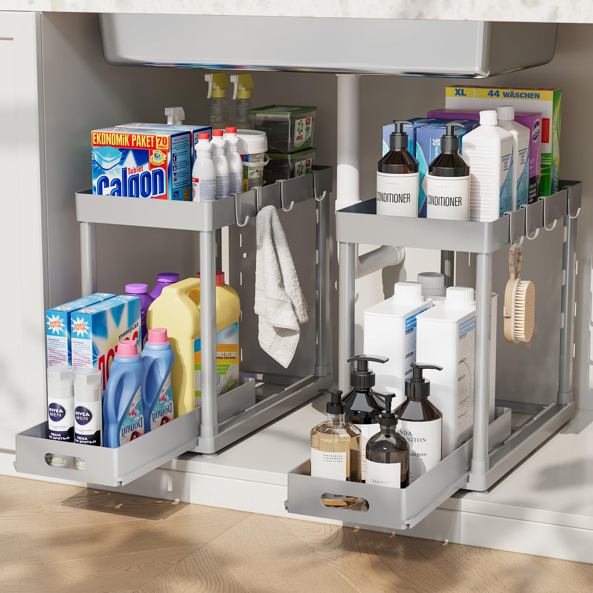2PC Under Sink Organizer Rack 2 Tier Under Sliding Cabinet Basket Organizer Drawer with 4 Hooks, Multi-purpose Under Sink Storage for Bathroom Kitchen Desktop（Grey）