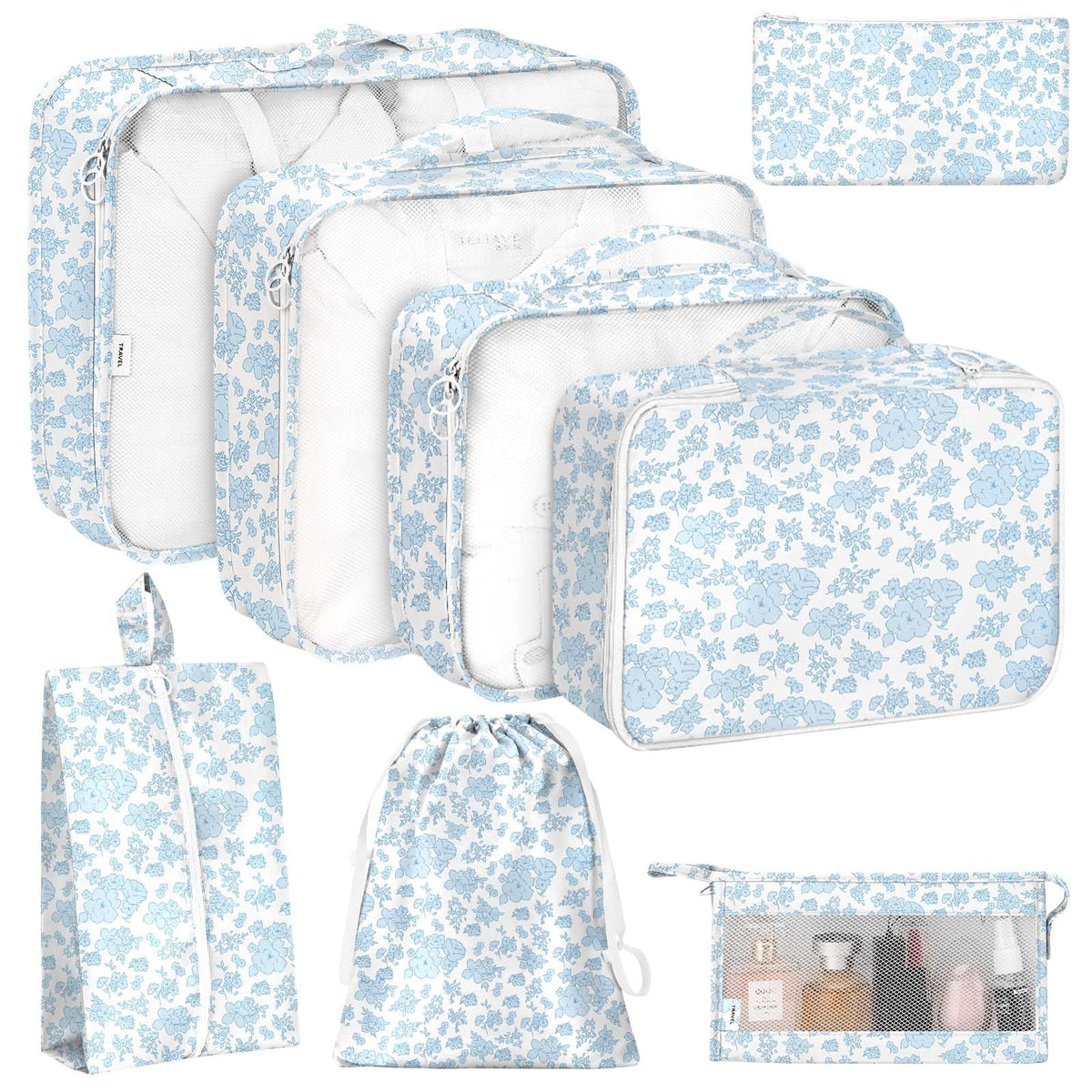 KPX 8 Set Packing Cubes for Travel, Luggage Packing Organizers Accessories Large Toiletries Bag for Clothes Shoes Cosmetics (8Set-Pink Bow)