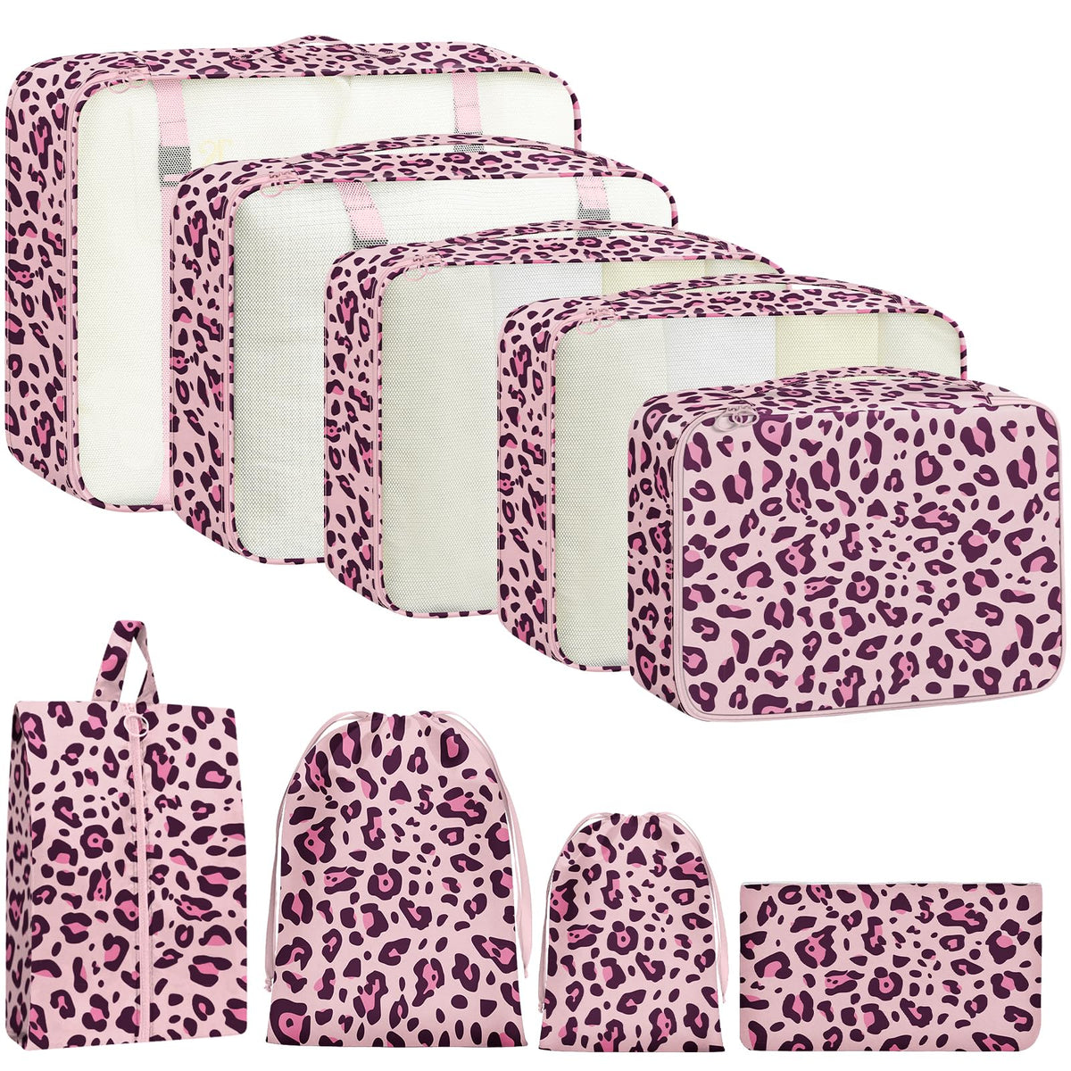 9 Set Packing Cubes for Travel Essentials - Lightweight Carry-On Luggage Organizer Bags with Shoe, Clothes & Laundry Bags for Airplane, Family & Business Travel, Pink leopard print