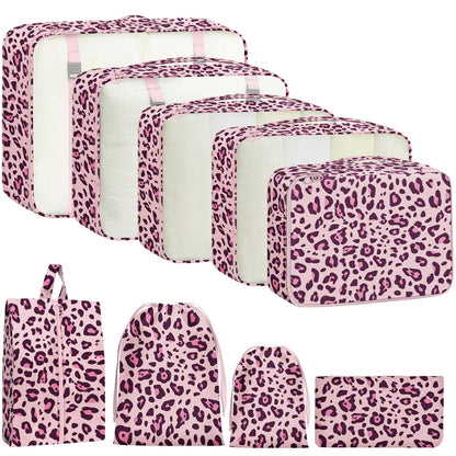9 Set Packing Cubes for Travel Essentials - Lightweight Carry-On Luggage Organizer Bags with Shoe, Clothes & Laundry Bags for Airplane, Family & Business Travel, Pink leopard print