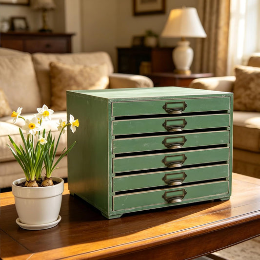 Wooden Desktop Organizer Cabinet with 6-Drawer Rustic Wood Shelf Drawer Antique Card Catalog Cabinet Distressed Decor Jewelry Cosmetics Craft Paper Storage Box for Home Office (Green)