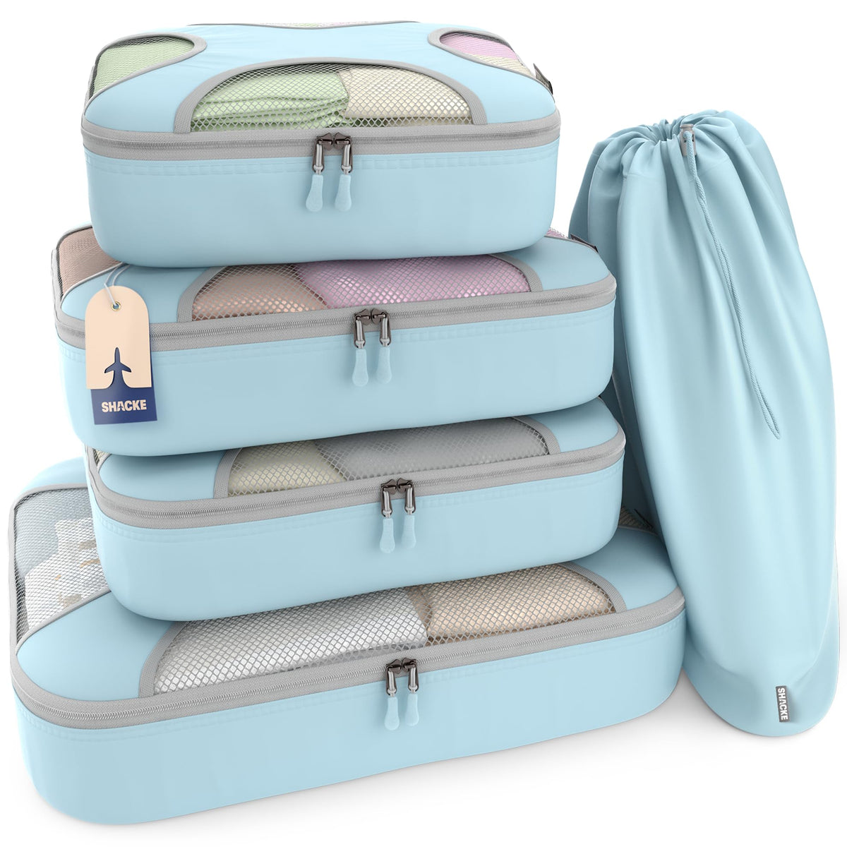 Shacke 5 Set Packing Cubes for Travel with Laundry Bag (Pure Black)