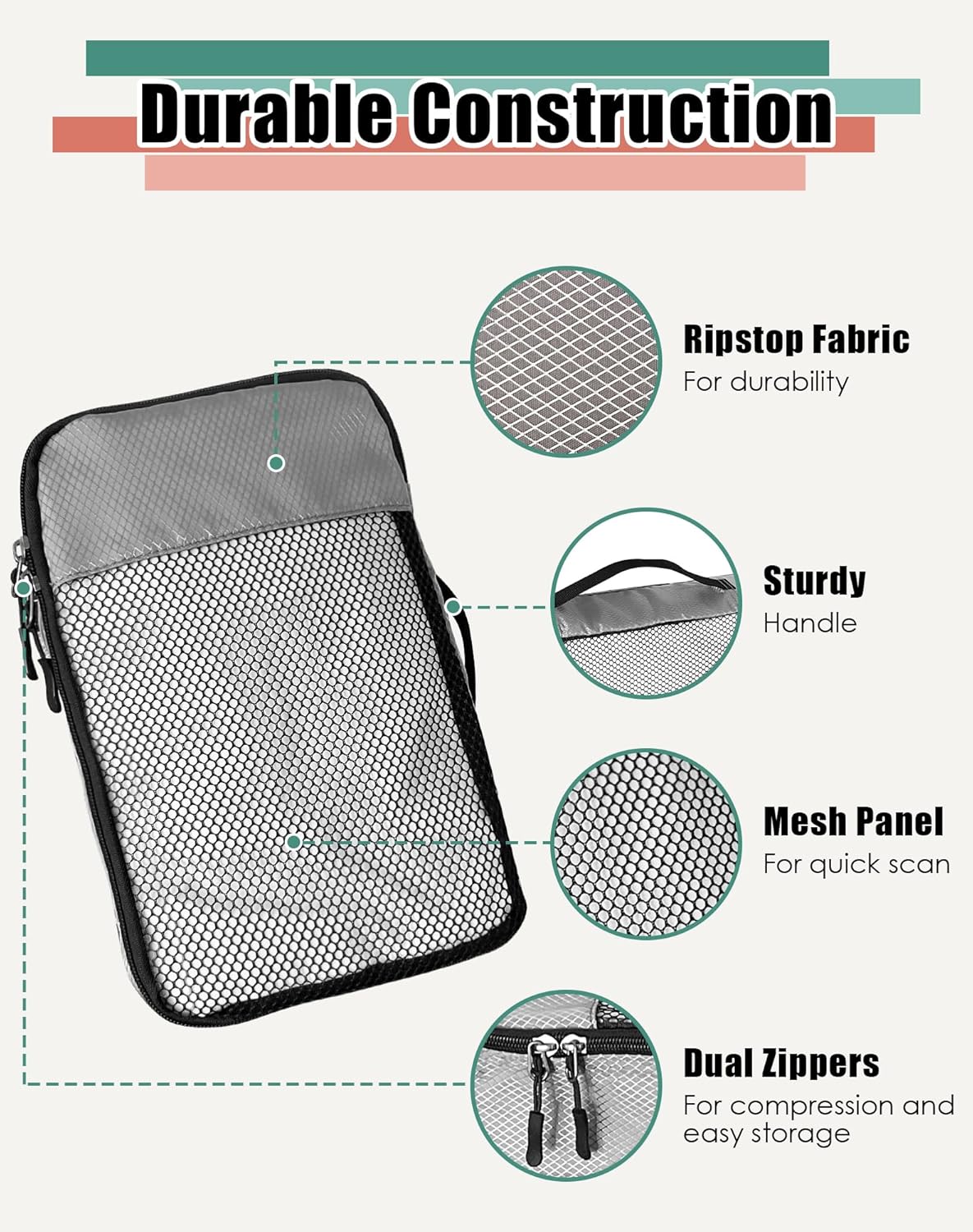 WTREE 4-Piece Packing Cubes Travel Accessories Set for Suitcases - Luggage Organizer Bags with Double Zipper - Mesh Top - Small/Medium/Large/Slim - Grey