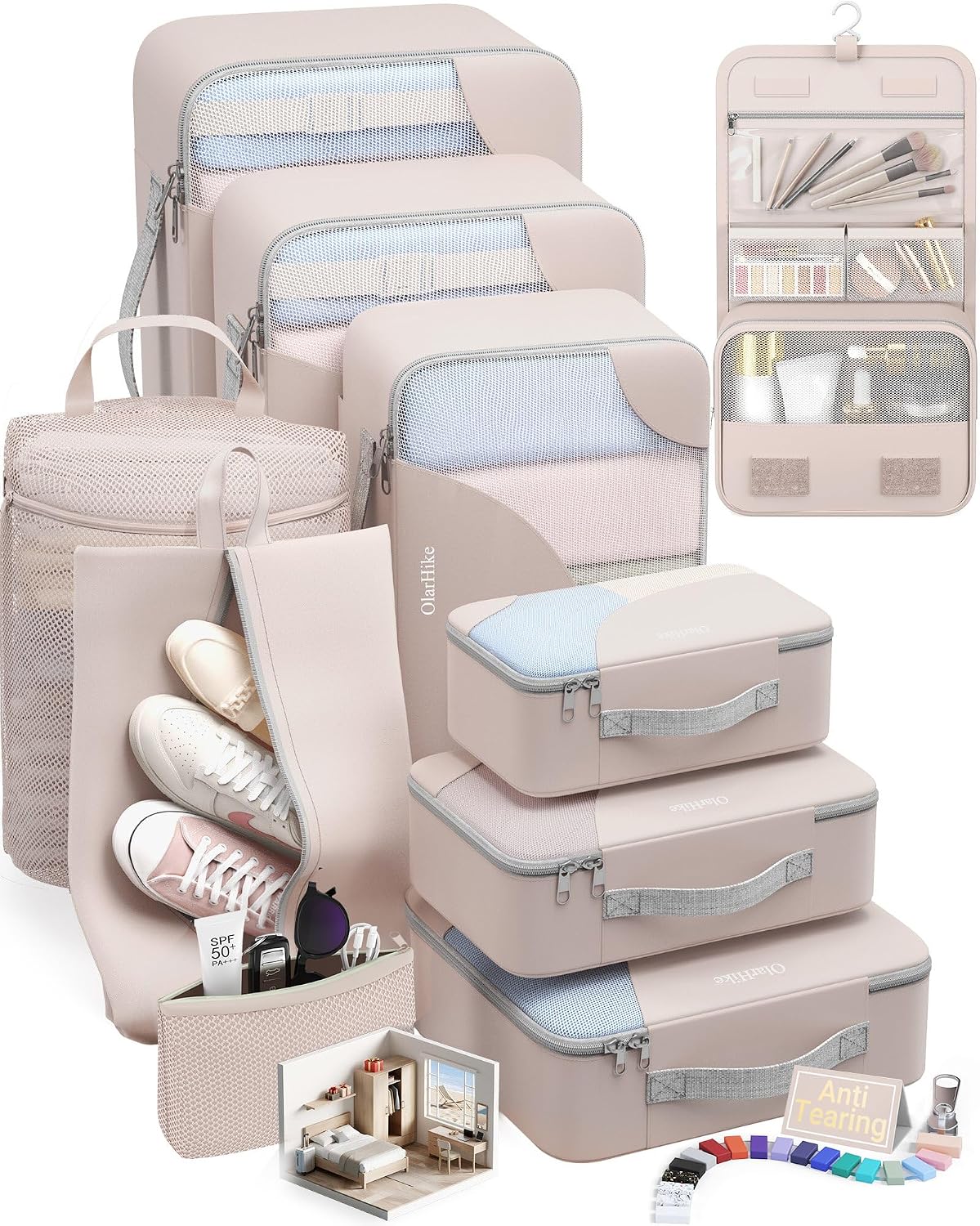 10 Set Packing Cubes for Travel, Gifts for Women Mom,Anti-Tearing Suitcase Organizer for Luggage with Shoe & Hanging Toiletry Bag,OlarHike Vacation Essentials & Accessories for Cruise Ship