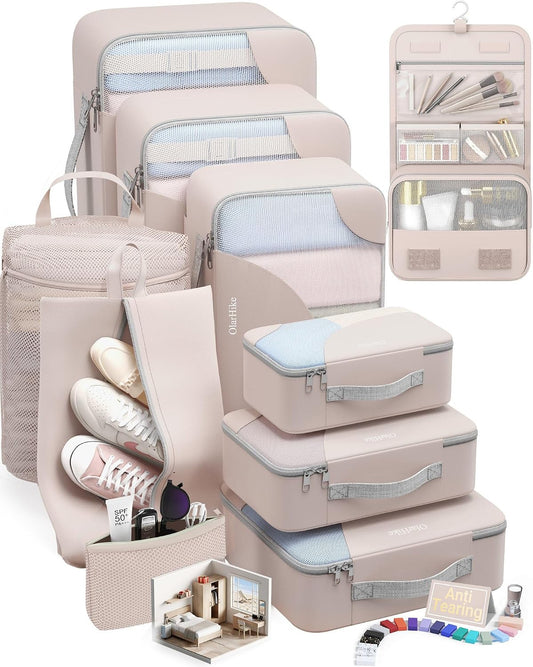 10 Set Packing Cubes for Travel, Gifts for Women Mom,Anti-Tearing Suitcase Organizer for Luggage with Shoe & Hanging Toiletry Bag,OlarHike Vacation Essentials & Accessories for Cruise Ship