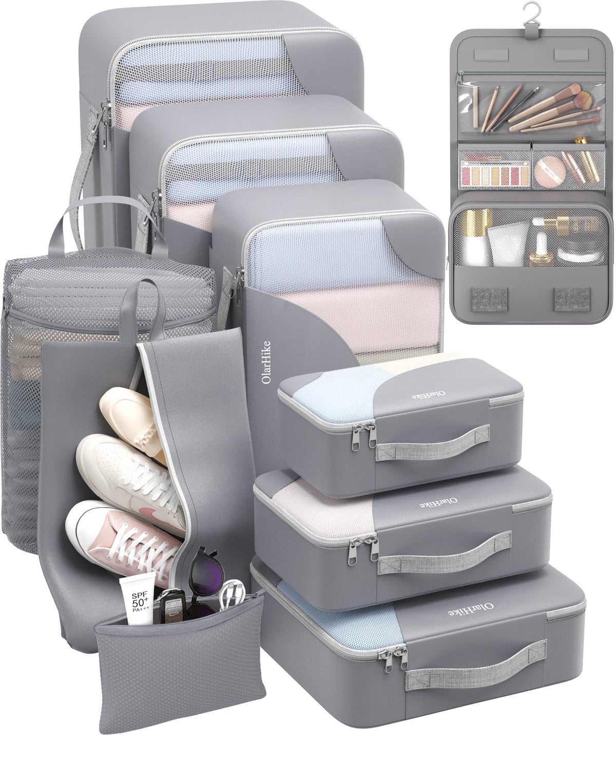 10 Set Packing Cubes for Travel, Gifts for Women Mom,Anti-Tearing Suitcase Organizer for Luggage with Shoe & Hanging Toiletry Bag,OlarHike Vacation Essentials & Accessories for Cruise Ship