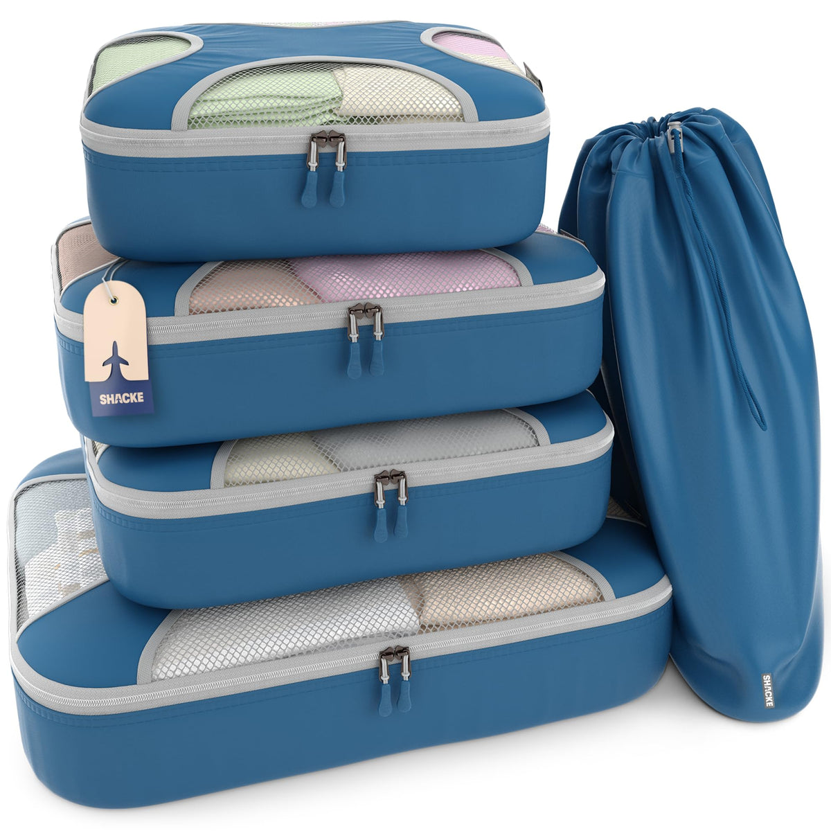 Shacke 5 Set Packing Cubes for Travel with Laundry Bag (Pure Black)