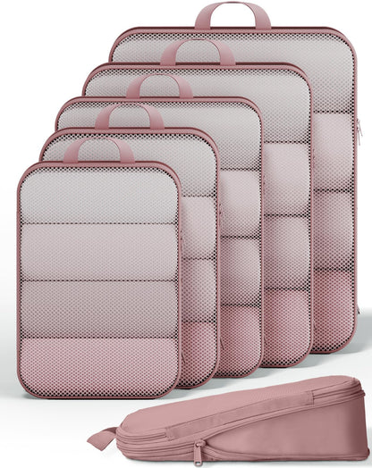 Veken 9/11 Set Compression Packing Cubes for Cruise Travel Essentials,Compressible Expandable Luggage Suitcase Organizer Bags for Clothing,Space Saver Bags with Over 1000 pcs of Mesh Holes(Beige)