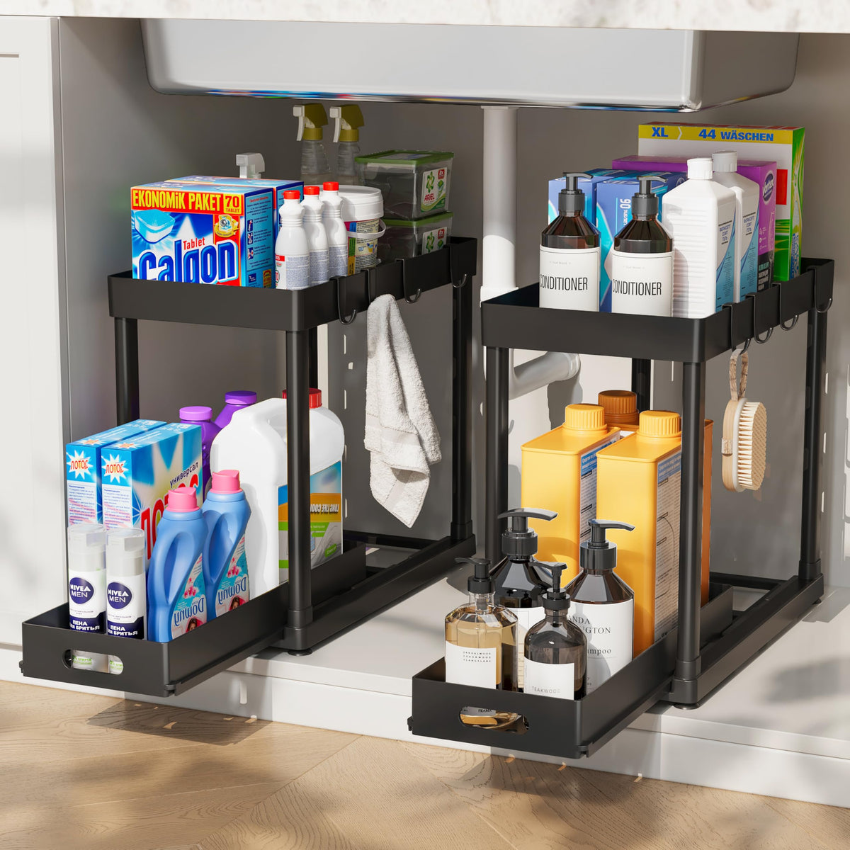 2PC Under Sink Organizer Rack 2 Tier Under Sliding Cabinet Basket Organizer Drawer with 4 Hooks, Multi-purpose Under Sink Storage for Bathroom Kitchen Desktop（Grey）