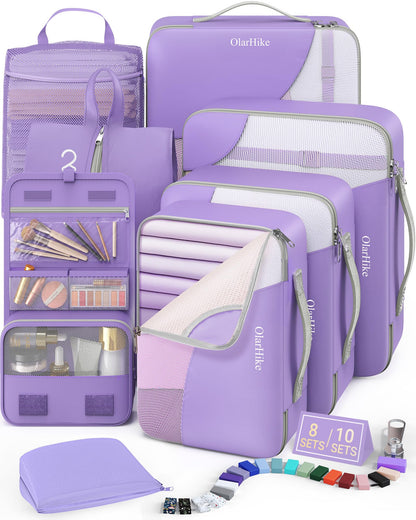 10 Set Packing Cubes for Travel, Gifts for Women Mom,Anti-Tearing Suitcase Organizer for Luggage with Shoe & Hanging Toiletry Bag,OlarHike Vacation Essentials & Accessories for Cruise Ship