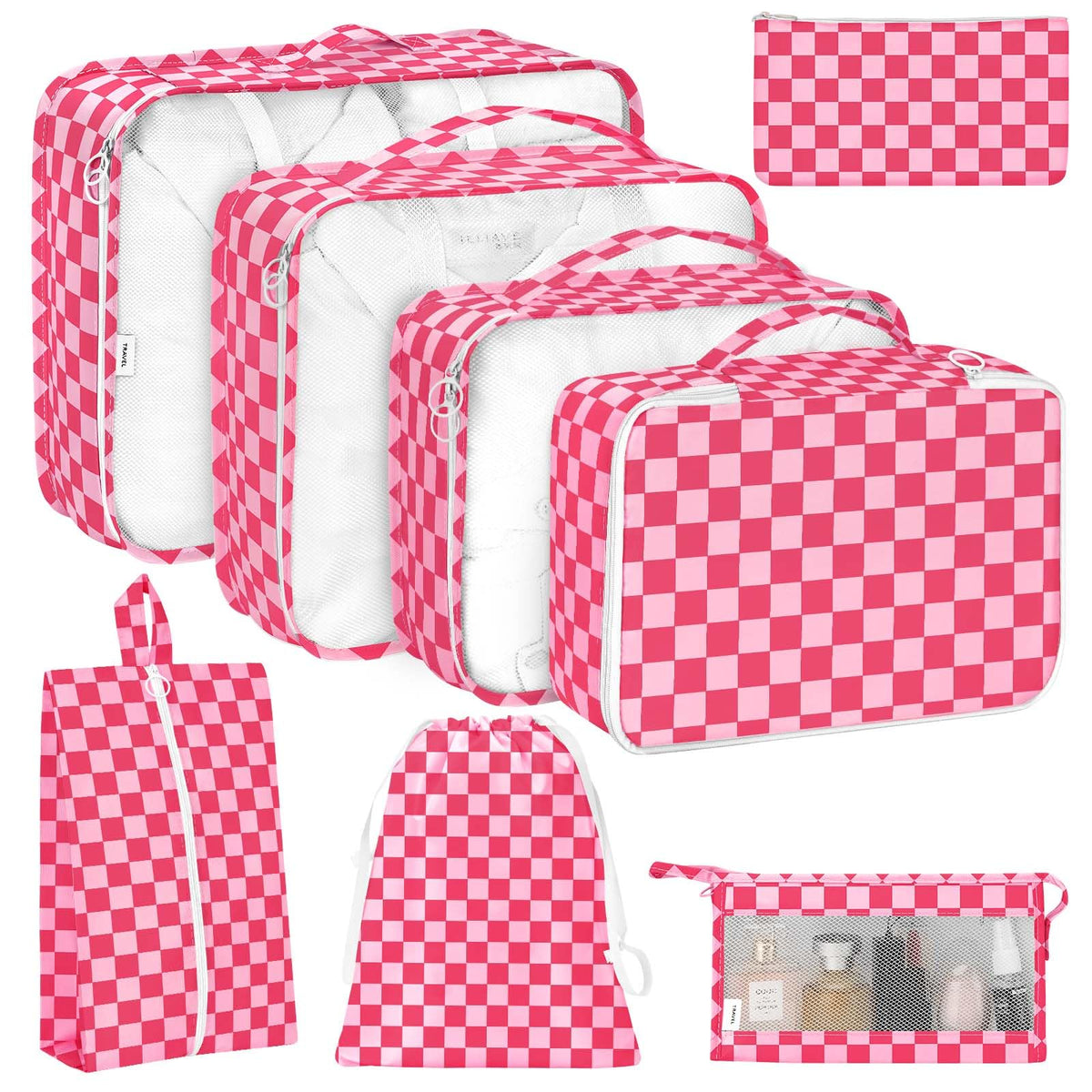KPX 8 Set Packing Cubes for Travel, Luggage Packing Organizers Accessories Large Toiletries Bag for Clothes Shoes Cosmetics (8Set-Pink Bow)