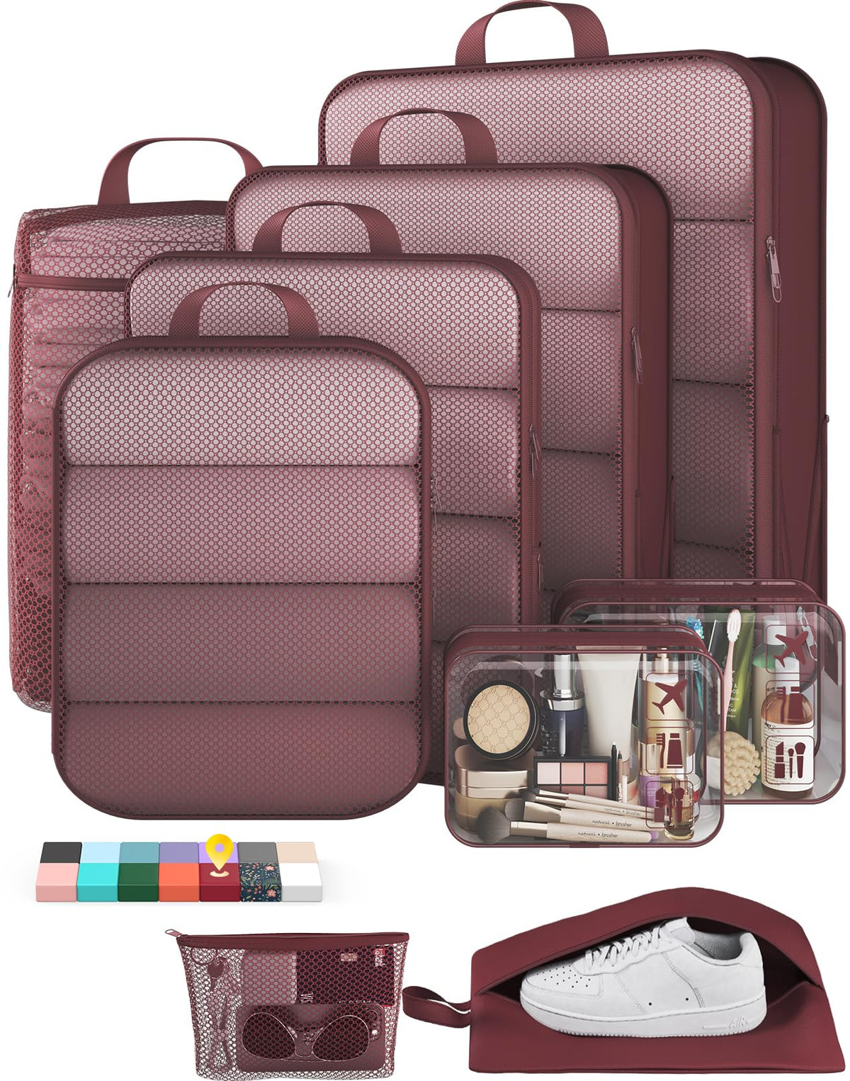 Veken 9/11 Set Compression Packing Cubes for Cruise Travel Essentials,Compressible Expandable Luggage Suitcase Organizer Bags for Clothing,Space Saver Bags with Over 1000 pcs of Mesh Holes(Beige)