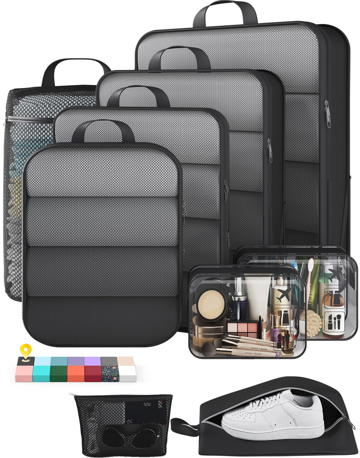 Veken 9/11 Set Compression Packing Cubes for Cruise Travel Essentials,Compressible Expandable Luggage Suitcase Organizer Bags for Clothing,Space Saver Bags with Over 1000 pcs of Mesh Holes(Beige)