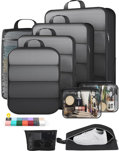 Veken 9/11 Set Compression Packing Cubes for Cruise Travel Essentials,Compressible Expandable Luggage Suitcase Organizer Bags for Clothing,Space Saver Bags with Over 1000 pcs of Mesh Holes(Beige)