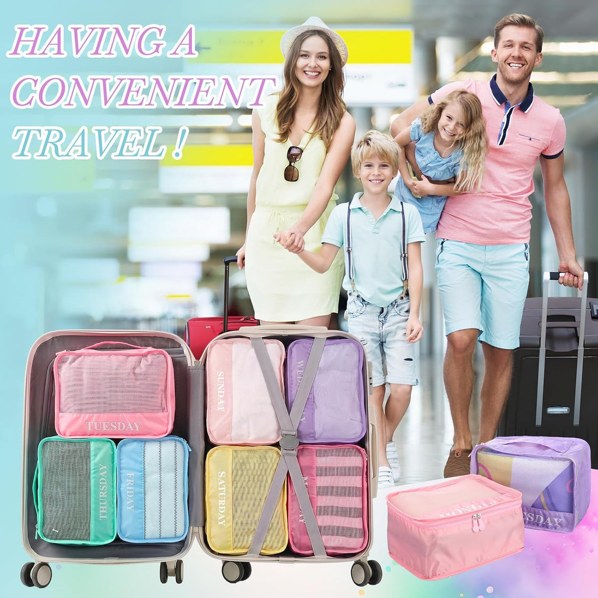 15 Pcs Day of Week Packing Cubes Travel Kids, 12x9x5inch, Macaron