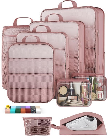 Veken 9/11 Set Compression Packing Cubes for Cruise Travel Essentials,Compressible Expandable Luggage Suitcase Organizer Bags for Clothing,Space Saver Bags with Over 1000 pcs of Mesh Holes(Beige)