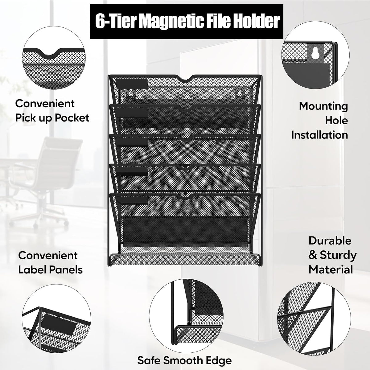 6-Tier Magnetic File Holder, No Drilling Installation File Cabinet Organizer,Black Magnetic File Holders, Magnetic Paper Holder for Refrigerator,File Cabinets, Whiteboard