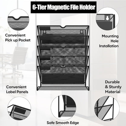 6-Tier Magnetic File Holder, No Drilling Installation File Cabinet Organizer,Black Magnetic File Holders, Magnetic Paper Holder for Refrigerator,File Cabinets, Whiteboard