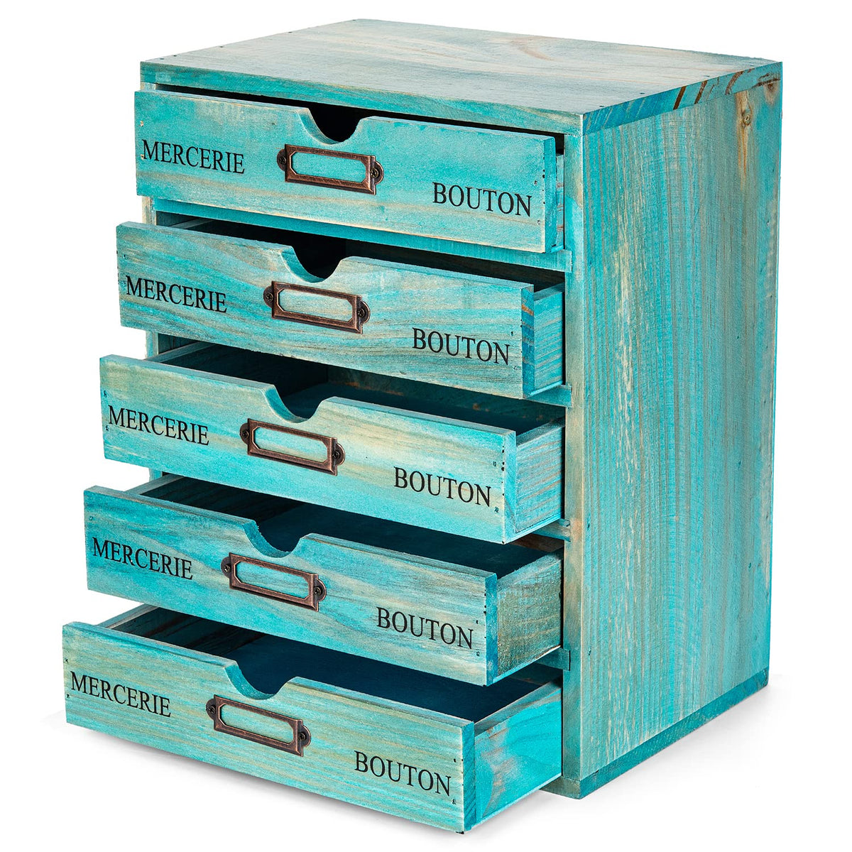 Turquoise Single Drawer Unit - European Country Style Desk Organizer Box - 9.7x7x2.6 Teal Wooden Stackable Drawer - Countertop Organizer Drawer w/Label Holder - Single Monitor Shelf