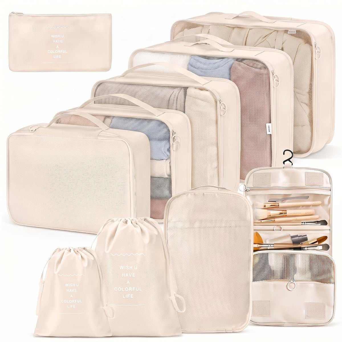 LANSKLBD 6/8 Set Packing Cubes for Suitcases Travel Luggage Packing Organizers,Travel Accessories Essentials Luggage Organizer with Shoe/Tioletry/Laundry Bag (Beige, 8 set)