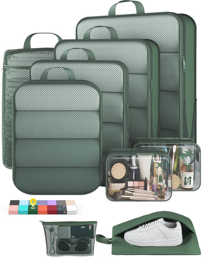 Veken 9/11 Set Compression Packing Cubes for Cruise Travel Essentials,Compressible Expandable Luggage Suitcase Organizer Bags for Clothing,Space Saver Bags with Over 1000 pcs of Mesh Holes(Beige)