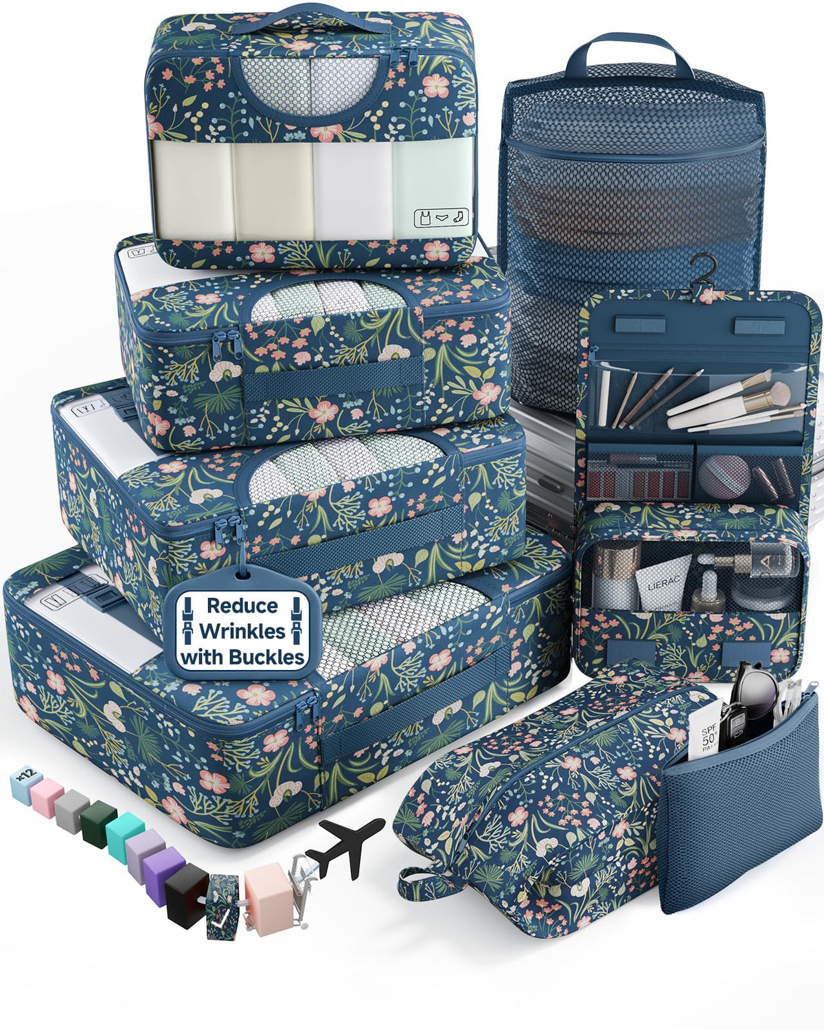 Veken 10 Set/8 Set Packing Cubes for Travel Essentials,Anti-Wrinkle Buckled Suitcase Organizer for Shoe & Toiletry Bag,Carry On Luggage Bag for Airplane & College Dorm Room Accessories,Women Men Gifts